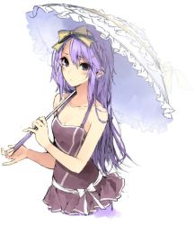 Rule 34 | 1girl, bare shoulders, blush, bow, collarbone, dress, hair bow, hair ornament, hairclip, kuwashima rein, long hair, looking at viewer, purple eyes, purple hair, rune factory, rune factory 3, simple background, sofia jalapeno viviage, solo, umbrella