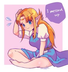 Rule 34 | 1girl, barefoot, belt, blonde hair, blue eyes, blush, brooch, dress, full body, hand on own head, highres, jewelry, looking at viewer, nintendo, nonoworks, pink background, pointy ears, princess zelda, sitting, smile, solo, speech bubble, sweatdrop, the legend of zelda, the legend of zelda: a link to the past, triforce earrings
