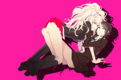 Rule 34 | 10s, 2girls, 714 (leg200kr), all fours, ass, black hair, blonde hair, blue eyes, blush, boots, breasts, brown eyes, calf boots, danganronpa: trigger happy havoc, danganronpa (series), enoshima junko, eyebrows, eyebrows hidden by hair, female focus, from behind, full body, girl on top, hair ornament, hanging breasts, high heel boots, high heels, highres, ikusaba mukuro, incest, kneehighs, long hair, looking at viewer, miniskirt, multiple girls, neck ribbon, no background, no panties, pink background, pink hair, ribbon, school uniform, shiny skin, short hair, siblings, simple background, sisters, skirt, smile, socks, spoilers, twincest, twins, twintails, yuri
