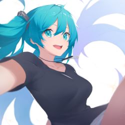 Rule 34 | 1girl, :d, black shirt, blue eyes, blue hair, breasts, collarbone, commentary, english commentary, fhang, hair between eyes, hatsune miku, long hair, looking at viewer, open mouth, shirt, short sleeves, simple background, small breasts, smile, solo, teeth, twintails, upper teeth only, very long hair, vocaloid, white background