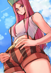 Rule 34 | 1girl, aosora2823, blue sky, blush, breasts, brown shorts, cheek piercing, closed mouth, cloud, cloudy sky, commentary, cowboy shot, day, eyelashes, from below, green hat, hands on own hips, hat, highres, jewelry bonney, large breasts, lipstick, long hair, looking at viewer, makeup, midriff, one piece, outdoors, parted bangs, pink hair, purple eyes, red lips, red shorts, shirt, short shorts, shorts, sidelocks, sky, sleeveless, sleeveless shirt, solo, standing, straight hair, striped clothes, striped shorts, suspender shorts, suspenders, twitter username, two-tone shorts, v-shaped eyebrows, white shirt