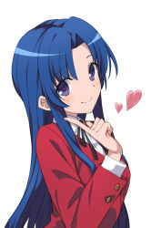 Rule 34 | 1girl, absurdres, artist request, black ribbon, blue hair, blush, closed mouth, collared shirt, commentary request, gatou illust, hand up, heart, highres, index finger raised, jacket, kawashima ami, long hair, long sleeves, looking at viewer, neck ribbon, oohashi high school uniform, parted bangs, purple eyes, red jacket, ribbon, school uniform, shirt, simple background, smile, solo, toradora!, upper body, very long hair, white background, white shirt