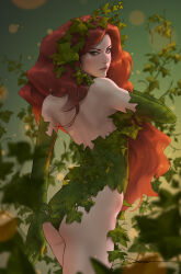 Rule 34 | 1girl, bare shoulders, brown eyes, commentary, dc comics, elbow gloves, english commentary, gloves, green gloves, green leotard, highres, jee-hyung lee, leaf, leaf clothing, leotard, long hair, orange hair, poison ivy, signature, solo