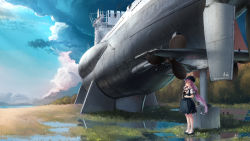 Rule 34 | 1girl, absurdres, blue sky, camera, cloud, day, gloves, hat, highres, long hair, looking up, outdoors, peaked cap, pink hair, ponytail, rail (silverbow), red eyes, signature, sky, solo, standing, submarine, u96 (warship girls r), warship girls r, watercraft, white gloves