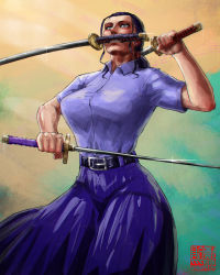 Rule 34 | 1girl, alternate universe, attack, belt, black hair, blue eyes, breasts, fighting stance, highres, katana, large breasts, looking up, muscular, nico robin, one piece, school uniform, shirt, skirt, solo, sword, threatening, weapon