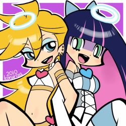 Rule 34 | 10s, 2girls, :d, angel, bad id, bad pixiv id, blush, corset, eye contact, eyeshadow, halo, koruri, locked arms, long hair, looking at another, makeup, multiple girls, official style, open mouth, panty &amp; stocking with garterbelt, panty (psg), siblings, sisters, smile, stocking (psg), thighhighs