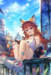 Rule 34 | 1girl, :d, animal ear fluff, animal ears, arm support, bandaid, bandaid on knee, bandaid on leg, bare shoulders, black jacket, black shorts, blue eyes, blue sky, blurry, breasts, brown hair, building, camisole, candy, choker, cityscape, cloud, collarbone, contrail, crop top, day, depth of field, dog tags, food, fox ears, fox girl, fox tail, hair ornament, hairclip, holding, holding candy, holding food, holding lollipop, jacket, knees up, lens flare, lollipop, long hair, looking at viewer, messy hair, midriff, multicolored nails, nail polish, off shoulder, open clothes, open jacket, open mouth, original, outdoors, railing, shirt, shoes, short shorts, shorts, signature, sitting, sky, sleeveless, sleeveless shirt, small breasts, smile, sneakers, solo, soriya, strap slip, sunlight, tail, thighs, very long hair, white footwear, white shirt, x hair ornament