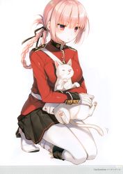 Rule 34 | 1girl, absurdres, blush, braid, breasts, cat, fate/grand order, fate (series), florence nightingale (fate), full body, gloves, highres, hug, kneeling, large breasts, long hair, military, military uniform, pantyhose, pink hair, red eyes, scan, simple background, skirt, solo, toosaka asagi, uniform, white background, white gloves, white pantyhose