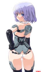 Rule 34 | 10s, 1girl, ass, bad id, bad pixiv id, bare shoulders, black gloves, black legwear, blush, butt crack, cowboy shot, dd (ijigendd), doll joints, elbow gloves, eyebrows, frame arms girl, gloves, hand on own hip, joints, light purple hair, looking at viewer, looking back, lowleg, lowleg panties, materia (frame arms girl), materia kuro, mecha musume, numbered, panties, purple eyes, robot joints, short hair, simple background, smile, solo, twisted neck, underwear, white background, white panties
