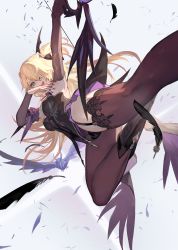 Rule 34 | 1girl, bird, black dress, black footwear, black nails, blonde hair, boots, bow (weapon), breasts, brown pantyhose, brown thighhighs, crow, detached sleeves, disco, dress, eyepatch, feathers, fischl (genshin impact), garter straps, genshin impact, green eyes, highres, holding, holding bow (weapon), holding weapon, lack, long hair, nail polish, open mouth, outstretched arm, oz (genshin impact), pantyhose, single leg pantyhose, single thighhigh, sleeveless, sleeveless dress, small breasts, smile, solo, thighhighs, weapon