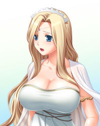 Rule 34 | 1girl, armlet, bad id, bad pixiv id, blonde hair, blue eyes, blush, breasts, brown hair, cassandra, circlet, cleavage, dress, gradient background, headdress, huge breasts, isobe, jewelry, lipstick, long hair, makeup, mature female, moira, open mouth, shawl, solo, sound horizon