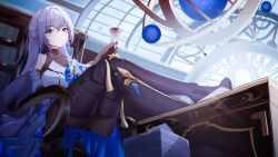Rule 34 | 1girl, absurdres, armchair, black footwear, black gloves, black pantyhose, boots, bronya rand, chair, closed mouth, crossed legs, cup, dress, drinking glass, earrings, gloves, grey eyes, grey hair, hair between eyes, highres, holding, holding cup, honkai: star rail, honkai (series), indoors, jewelry, long hair, looking at viewer, pantyhose, paper stack, sitting, smile, solo, thigh boots, white dress, ziluolan jia de mao