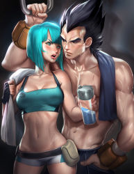 Rule 34 | 1boy, 1girl, abs, bike shorts, black hair, blue hair, blush, breasts, bulma, cleavage, couple, crop top, dragon ball, dragonball z, eyebrows, fingerless gloves, gloves, highres, midriff, navel, over shoulder, sakimichan, topless male, short shorts, shorts, single glove, spiked hair, sports bra, sweat, tank top, thermos, thick eyebrows, toned, towel, vegeta