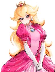 Rule 34 | 1girl, blonde hair, blue eyes, blush, breasts, brooch, crown, dress, earrings, elbow gloves, gloves, jewelry, long dress, long hair, looking down, mario (series), medium breasts, nintendo, pink dress, princess peach, puffy short sleeves, puffy sleeves, short sleeves, simple background, solo, the super mario bros. movie, usa37107692, very long hair, white background, white gloves