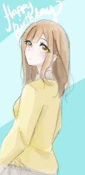 Rule 34 | 1girl, aqua background, artist name, artist request, blush, bow, bowtie, breasts, brown eyes, brown hair, buttons, cardigan, collarbone, eyebrows, female focus, from behind, galaxyplums, grey sailor collar, hair between eyes, highres, kunikida hanamaru, light brown hair, long hair, long sleeves, looking at viewer, looking back, love live!, love live! sunshine!!, medium breasts, orange bow, parted lips, sailor collar, school uniform, sideboob, skirt, sleeves past wrists, smile, solo, sweater, upper body, uranohoshi school uniform, vest, yellow cardigan, yellow eyes, yellow sweater
