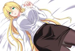 Rule 34 | 1girl, bed, black skirt, blonde hair, breasts, game cg, green eyes, hair between eyes, hand up, large breasts, legs, long hair, looking at viewer, lying, nuko majin, on bed, parted lips, shirt, skirt, solo, tearju lunatique, thighhighs, thighs, to love-ru, to love-ru darkness, white shirt