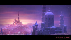 Rule 34 | bell, building, castle, city, city lights, cityscape, cloud, cloudy sky, commentary, copyright name, dusk, english commentary, highres, night, night sky, nikki (series), no humans, official art, official wallpaper, shining nikki, sky, snow, snowflakes, snowing, tree
