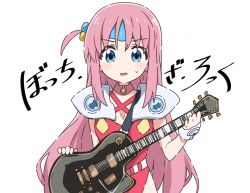Rule 34 | 1girl, blue eyes, bocchi the rock!, cosplay, costume switch, crossover, cube hair ornament, dress, gotoh hitori, guitar, hair between eyes, hair ornament, hair over eyes, highres, holding, instrument, long hair, macross, macross 7, mylene jenius, one side up, open mouth, pink hair, red dress, simple background, solo, sweatdrop, take shinobu, white background
