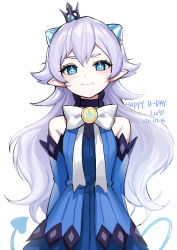Rule 34 | 1girl, absurdres, arms behind back, bare shoulders, blue eyes, blush, bow, closed mouth, crown, dated, demon tail, detached sleeves, elsword, happy birthday, highres, lu, luciela r. sourcream, mini crown, pointy ears, ppower (lu power), purple hair, simple background, smile, solo, sparkling eyes, tail, white background, white bow