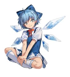 Rule 34 | 1girl, blue eyes, blue hair, cirno, closed mouth, dress, eho (icbm), hair ribbon, highres, ice, ice wings, indian style, kneehighs, looking at viewer, neck ribbon, own hands together, ribbon, short hair, short sleeves, simple background, sitting, smile, socks, solo, touhou, white background, white socks, wings