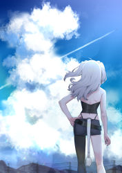 Rule 34 | 1girl, absurdres, ahoge, arm at side, bare arms, black nails, black pantyhose, black skirt, cloud, cloudy sky, crop top, day, facing away, from behind, hand on own hip, highres, hololive, lion tail, long hair, mikan (chipstar182), nail polish, outdoors, panty straps, pantyhose, power lines, shishiro botan, shishiro botan (1st costume), silver hair, single leg pantyhose, skirt, sky, solo, standing, tail, two side up, virtual youtuber