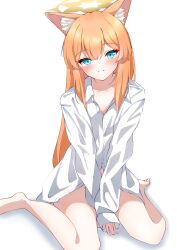 Rule 34 | absurdres, alternate costume, animal ears, bare legs, blue archive, blue eyes, blush, bottomless, breasts, cat ears, commentary request, halo, highres, kabocya na, long hair, looking at viewer, mari (blue archive), orange hair, seiza, shirt, simple background, sitting, small breasts, white background, white shirt