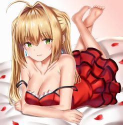 Rule 34 | 10s, 1girl, ahoge, bad id, bad pixiv id, bare shoulders, barefoot, blonde hair, blush, breasts, cleavage, collarbone, dress, earrings, fary5, fate/extra, fate (series), feet up, green eyes, hair between eyes, hair intakes, highres, jewelry, legs, long hair, looking at viewer, lying, medium breasts, nero claudius (fate), nero claudius (fate) (all), nero claudius (fate/extra), official alternate costume, on stomach, open mouth, petals, red dress, rose petals, simple background, smile, solo, twintails, white background