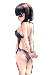 Rule 34 | 1girl, absurdres, arms behind back, ass, black hair, black one-piece swimsuit, breasts, commentary request, emutsuichi, highres, long hair, looking at viewer, medium breasts, medium hair, one-piece swimsuit, original, red eyes, simple background, solo, standing, swimsuit, thighs, wedgie, white background