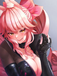 Rule 34 | 1girl, animal ear fluff, animal ears, black bodysuit, blush, bodysuit, bow, breasts, choker, cleavage, fate/grand order, fate (series), fox ears, fox girl, fox tail, hair between eyes, hair bow, highres, ichijo kazuya, koyanskaya (assassin) (first ascension) (fate), koyanskaya (fate), large breasts, long hair, looking at viewer, open mouth, pink bow, pink hair, ponytail, sidelocks, smile, solo, tail, tamamo (fate), yellow eyes