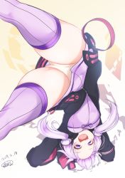 Rule 34 | 1girl, :3, :d, animal hood, blush, dated, dress, handstand, highres, hood, hooded jacket, hoodie, jacket, looking at viewer, low twintails, open clothes, open hoodie, open mouth, panties, pantyshot, purple dress, purple eyes, purple hair, purple ribbon, purple thighhighs, rabbit hood, rei no himo, reku hisui, ribbed legwear, ribbon, short dress, short hair with long locks, signature, smile, solo, strapless, strapless dress, thighhighs, thighs, tube dress, twintails, underwear, unzipped, upside-down, vocaloid, voiceroid, white panties, yuzuki yukari, zipper