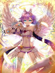Rule 34 | 1girl, angel, angel wings, backlighting, bare shoulders, black gloves, blue eyes, breasts, byulzzi, constellation print, crop top, detached sleeves, feathered wings, feathers, gauntlets, gloves, hair ornament, halo, looking at viewer, luca (shironeko project), medium breasts, midriff, navel, purple hair, shironeko project, shirt, short hair, short shorts, shorts, smile, solo, standing, star (symbol), stomach, suspenders, thighhighs, v-shaped eyebrows, white shirt, white shorts, white thighhighs, wings