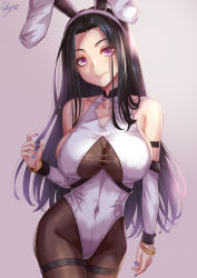 Rule 34 | 1girl, animal ears, bare shoulders, black hair, blue nails, bracelet, breasts, closed mouth, collarbone, commentary request, detached sleeves, fake animal ears, gradient background, hair ornament, hairband, highres, jewelry, large breasts, leotard, long hair, long sleeves, looking at viewer, nail polish, original, playboy bunny, rabbit ears, sakiyamama, sideboob, signature, simple background, smile, solo, thigh strap, white hairband, white leotard