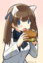 Rule 34 | 10s, 1girl, :o, blue eyes, blue ribbon, blush, brave witches, brown background, brown hair, eating, food, georgette lemare, burger, holding, kinosaki (green patio), long hair, military, military uniform, open mouth, ribbon, simple background, solo, strike witches, twintails, twitter username, uniform, upper body, world witches series