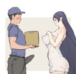 Rule 34 | 1boy, 1girl, amanda kenny, ass, belt, black belt, blue headwear, blue shirt, blush, box, breasts, bulge, closed mouth, collared shirt, commentary request, covered erect nipples, curvy, delivery, erection, erection under clothes, faceless, faceless male, fate/grand order, fate (series), from side, highres, holding, holding box, large breasts, large penis, long hair, looking down, mature female, minamoto no raikou (fate), naked towel, pants, parted bangs, penis, puffy nipples, purple hair, see-through, shirt, short hair, short sleeves, smile, towel, very long hair