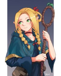 Rule 34 | 1girl, blonde hair, blue capelet, blue dress, braid, bright pupils, capelet, choker, closed mouth, commentary, cowboy shot, dress, dungeon meshi, elf, expressionless, forehead, french braid, green eyes, grey background, hand up, highres, holding, holding staff, lips, long hair, long sleeves, looking to the side, mage staff, marcille donato, nose, parted bangs, pointy ears, ranveld, red choker, signature, simple background, solo, staff, twin braids, wide sleeves