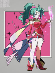 Rule 34 | 1girl, breasts, bridal gauntlets, cape, circlet, covered navel, detached sleeves, earrings, final fantasy, final fantasy vi, glowing, glowing sword, glowing weapon, green hair, high heels, jewelry, looking at viewer, pearl earrings, ponytail, red footwear, sasaki tomomi, sash, smile, solo, standing, straight neck, sword, tina branford, weapon