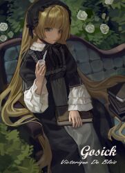 Rule 34 | 1girl, black bow, black bowtie, black dress, black hairband, blonde hair, blue eyes, book, book stack, bow, bowtie, bush, character name, chin strap, closed mouth, copyright name, couch, dress, expressionless, flower, frilled hairband, frills, gosick, gothic lolita, hairband, highres, holding, holding smoking pipe, kofi-mo, light blush, lolita fashion, lolita hairband, long hair, long sleeves, on couch, rose, sitting, smoking pipe, solo, very long hair, victorica de blois, white flower, white rose, wide sleeves