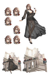 Rule 34 | 1girl, alcohol, azur lane, black dress, black footwear, brown hair, character sheet, cup, dress, drinking glass, exeter (azur lane), exeter (a glorious toast) (azur lane), expressions, flower, green eyes, hair flower, hair ornament, high heels, highres, holding, holding cup, long hair, looking at viewer, mkiiiiii, official alternate costume, official art, parted lips, see-through, see-through dress, standing, wine glass