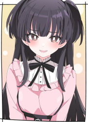 Rule 34 | 1girl, bell, black hair, black ribbon, blunt bangs, blush, breasts, brown eyes, idolmaster, ixy, long hair, looking at viewer, medium breasts, neck bell, open mouth, ribbon, smile, solo, two side up, upper body