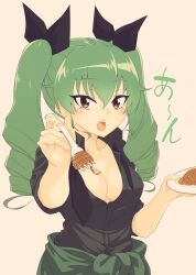 Rule 34 | 1girl, anchovy (girls und panzer), blush, breasts, brown eyes, cleavage, drill hair, food, fork, girls und panzer, green hair, highres, holding, holding fork, holding plate, incoming food, large breasts, looking at viewer, open mouth, pasta, plate, shirt, solo, twintails, umeta shirisuke