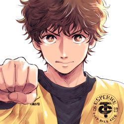 Rule 34 | 1boy, ao ashi, aoi ashito, brown eyes, brown hair, clenched hand, hand up, ika choco, jersey, male focus, simple background, sportswear, wavy hair, white background