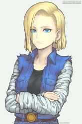 Rule 34 | 1girl, android 18, belt, black shirt, blonde hair, blue eyes, crossed arms, denim, denim jacket, dragon ball, dragonball z, earrings, english text, female focus, gofelem, grey background, jacket, jeans, jewelry, looking at viewer, pants, shirt, simple background, smile, solo, striped sleeves