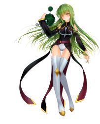 Rule 34 | absurdres, bad id, bad pixiv id, bare shoulders, belt, bow, breasts, breasts apart, c.c., code geass, detached sleeves, from above, full body, green hair, hair bow, halterneck, head tilt, highres, holding, holding own hair, legs together, leotard, leotard under clothes, long hair, long sleeves, looking at viewer, lying, medium breasts, purple belt, shadow, simple background, thighhighs, very long hair, white background, white thighhighs