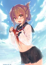 Rule 34 | 10s, 1girl, :d, blush, brown eyes, brown hair, clothes lift, cloud, commentary request, day, folded ponytail, highres, inazuma (kancolle), kantai collection, lifted by self, long hair, looking at viewer, navel, neckerchief, obiwan, open mouth, revision, school uniform, see-through, serafuku, shirt lift, skirt, sky, smile, solo, twitter username, wading, water, wet, wet clothes, wet hair