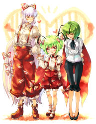Rule 34 | 3girls, ^ ^, antennae, arai kuma, bad id, bad pixiv id, baggy pants, bow, child, closed eyes, clothes grab, family, female focus, fujiwara no mokou, full body, green hair, grin, hair bow, hands in pockets, heart, hip focus, if they mated, long hair, multiple girls, multiple hair bows, ofuda, pants, red eyes, short hair, silver hair, sleeve grab, smile, standing, suspenders, thigh gap, thighs, touhou, very long hair, wide hips, wriggle nightbug