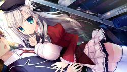 Rule 34 | 1boy, 1girl, blush, breast press, breasts, faceless, faceless male, finger to mouth, game cg, green eyes, grey hair, hair ornament, haruoto alice gram, hat, kanzaki erisa, large breasts, long hair, mitha, school uniform, sema soutarou, skirt, thighhighs, white thighhighs