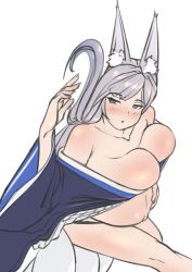 Rule 34 | 1girl, :o, akeggle, animal ears, azur lane, bare shoulders, blue eyes, blunt bangs, blush, breasts, cleavage, collarbone, curvy, fox ears, fox girl, fox tail, from above, groin, hand on own stomach, japanese clothes, kimono, kitsune, kyuubi, large breasts, long hair, looking at viewer, looking up, multiple tails, navel, outie navel, panties, parted lips, pregnant, shinano (azur lane), sidelocks, silver hair, simple background, sitting, tail, thick thighs, thighs, underwear, very long hair, wide hips