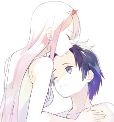 Rule 34 | 10s, 1boy, 1girl, bad id, bad twitter id, black hair, breasts, closed eyes, couple, darling in the franxx, green eyes, hair ornament, hairband, hand on another&#039;s chest, hetero, hiro (darling in the franxx), horns, kiss, long hair, medium breasts, nightgown, o0str0o, one eye closed, oni horns, pajamas, pink hair, red horns, short hair, sleeveless, spoilers, white hairband, white nightgown, white pajamas, zero two (darling in the franxx)
