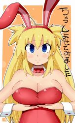 Rule 34 | 1girl, animal ears, blonde hair, blue eyes, bow, bowtie, breasts, cleavage, detached collar, fake animal ears, large breasts, long hair, momo (fruits box), original, playboy bunny, rabbit ears, solo, translation request, twintails, wrist cuffs