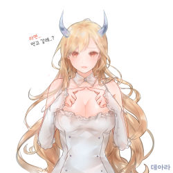 Rule 34 | 1girl, 96dgd, absurdres, blonde hair, breasts, cleavage, detached collar, detached sleeves, dress, dungeon and fighter, fingers together, highres, horns, index fingers together, large breasts, long hair, looking at viewer, original, parted lips, red eyes, solo, upper body, very long hair, white background, white dress